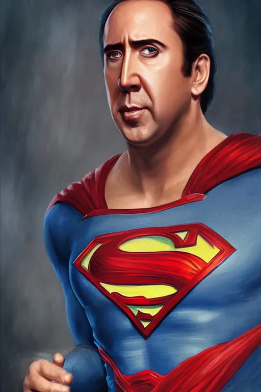 Image similar to Portrait of Nicolas Cage as superman, DC, dark cinematic lighting, intricate, elegant, highly detailed, digital painting, artstation, painted by Artgerm and Mark Waid and Greg Rutkowski and Mandy Jurgens and Snyder