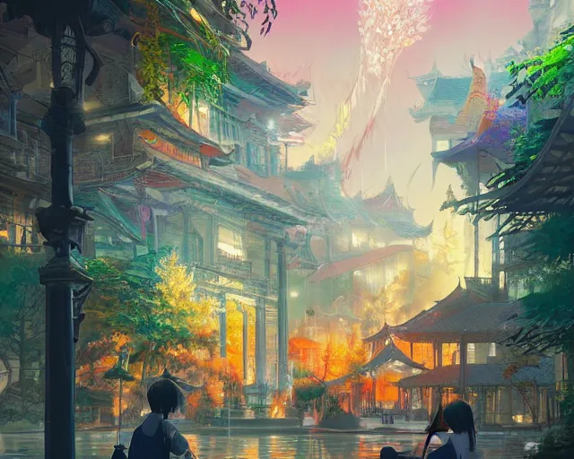 Image similar to great, colorful kitsune city, bamboo, fountain, anime, a fantasy digital painting by Greg Rutkowski and James Gurney, trending on Artstation, highly detailed