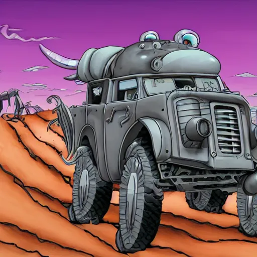 Prompt: a _ cell _ shaded _ cartoon _ grey _ lovecraftian _ mechanized _ wolf _ from _ howls _ moving _ castle _ _ 2 _ 0 _ 0 _ 4 _ _ with _ a _ big _ head _ on _ a _ desert _ road _ wide _ shot _ - w _ 6 4 0 _ - c _ 1 2. 3 _ - n _ 9