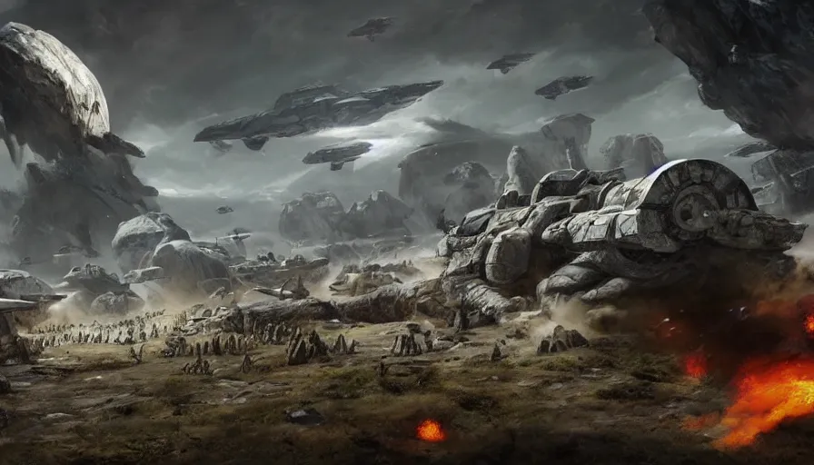 Prompt: an epic battle between the empire and the rebellion on a rock planet, cinematic, rtx, detailed, beautiful, accurate, fantasy artwork