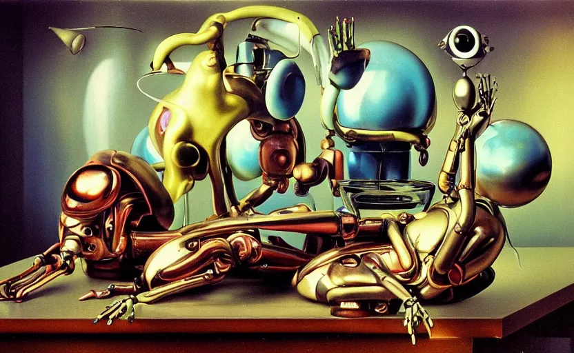Image similar to strange seductive futuristic robot body, enticing colorful oil painting dutch golden age vanitas still life sparse composition with bulbous objects strange gooey transparent surfaces shiny metal reflections bizarre mutant meat insects rachel ruysch dali todd schorr very detailed perfect composition rule of thirds masterpiece canon 5 0 mm, cinematic lighting, photography, retro, film, kodachrome