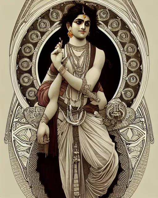 Image similar to amazing lifelike award winning pencil illustration of Krishna in style of Alphonse Mucha, trending on art station artgerm Greg rutkowski alphonse mucha cinematic, epic Lighting