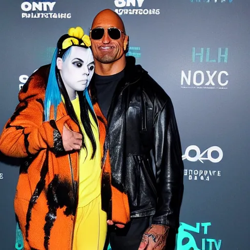 Prompt: dwayne johnson dressed as a billie eilish on a halloween night