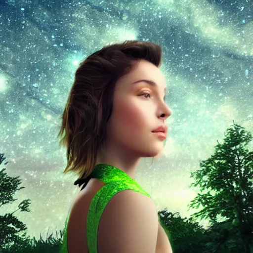 Image similar to an hd photo of a young woman with short brown hair and green eyes, beautiful trees in the background, night sky with stars and galaxies, trending on artstation