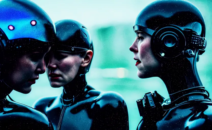 Image similar to cinestill 5 0 d candid photographic portrait by steven spielberg of two loving female androids sobbing wearing rugged black mesh techwear in treacherous waters, flooded city, medium closeup, retrofuturism cyberpunk moody emotional cinematic, pouring iridescent rain bright spotlight helicopter, 8 k, hd, high resolution, 3 5 mm, f / 3 2, ultra realistic faces, ex machina