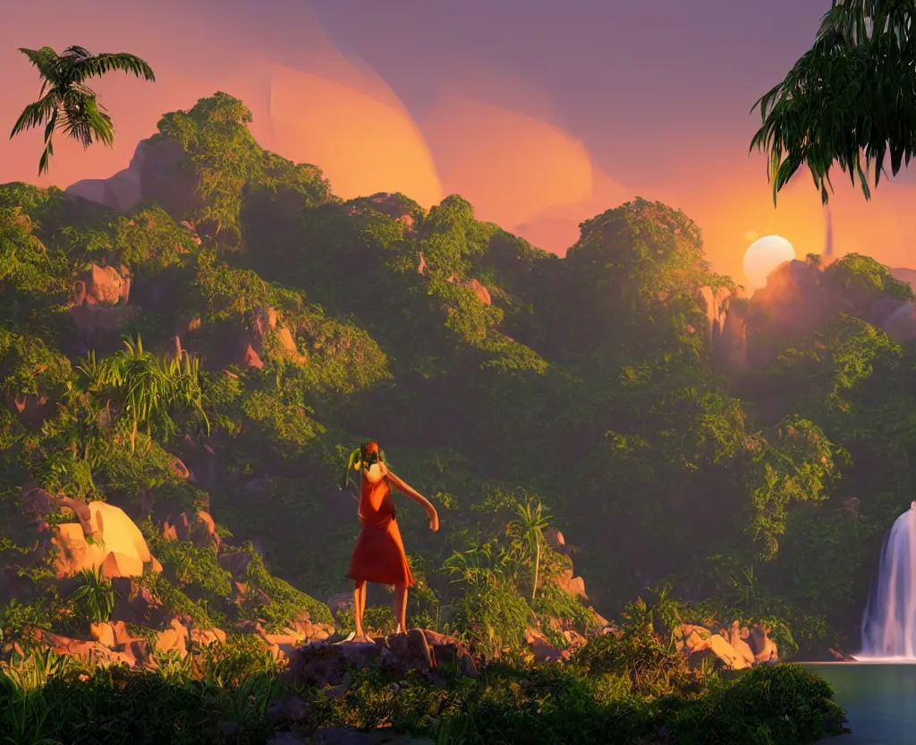 Image similar to a low-poly render of a big purple hand holding the orange setting sun on the ocean horizon. a green tinted transparent beckoning lady in front of a waterfall. a cream colored abandoned building featuring two statues and pitch black periphery. a prehistoric jungle scene with a mountain in the background.