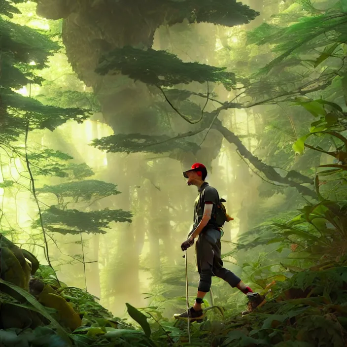 Image similar to a man with a baseball hat hiking through a deep lush forest space ship pilot in the style of studio ghibli, j. c. leyendecker, greg rutkowski, artem