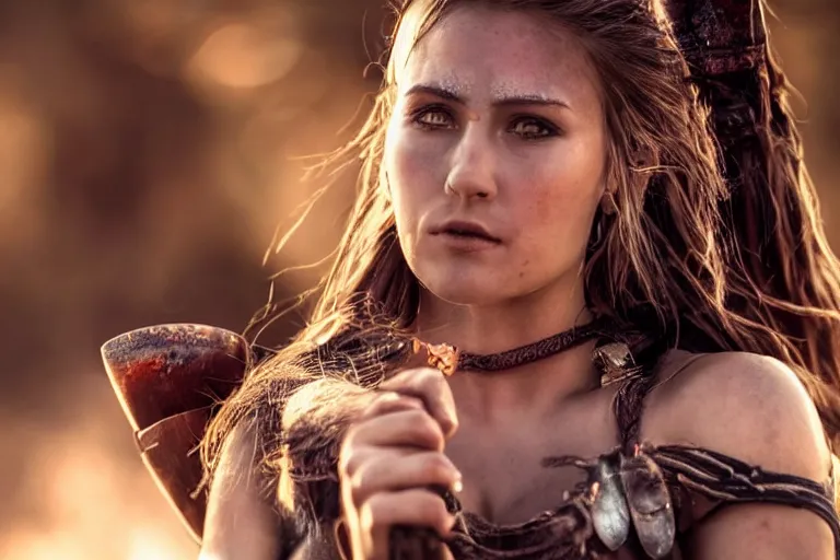 Image similar to close - up photo of a beautiful warrior princess in a battle scene, shallow depth of field, photorealistic, cinematic lighting, warm colours, dusk