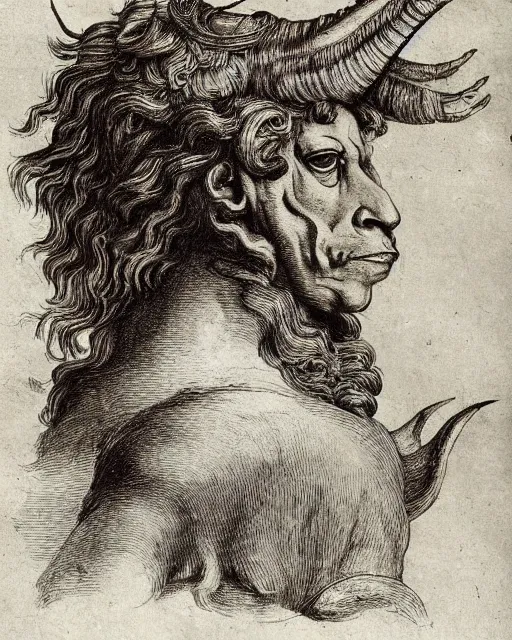 Prompt: a creature, human eyes, eagle beak, lion mane, two horns on the head, drawn by da vinci