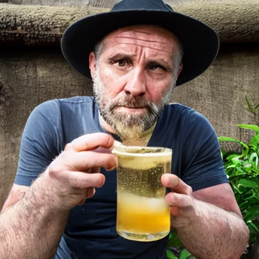 Image similar to a 4 5 years old man, depressed, drinking ginger beer