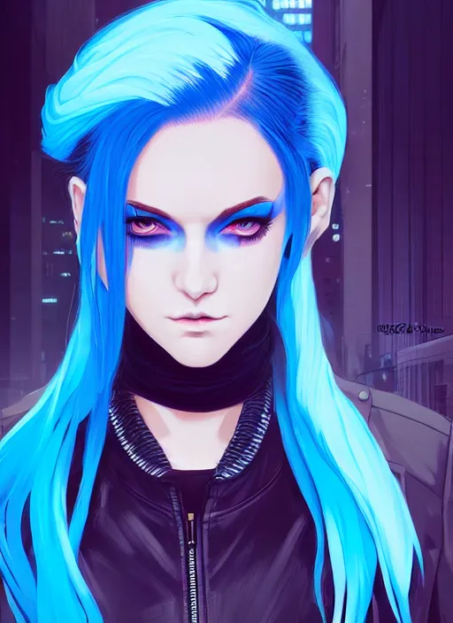 Prompt: hyper realistic photograph portrait of cyberpunk pretty girl with blue hair, beautiful face and make up, blue eyes, wearing a sexy leather outfit, in city street at night, by makoto shinkai, ilya kuvshinov, lois van baarle, rossdraws, basquiat