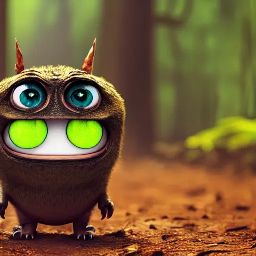 Image similar to a cute little monster with big eyes, portrait, pixar style, forest background, cinematic lighting, award winning creature portrait photography