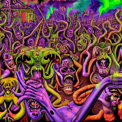 Image similar to digital painting of demons in rave party in hell by Chor Boogie, intricate details, ultra detailed, 4K, award-winning, touch of M. C. Escher