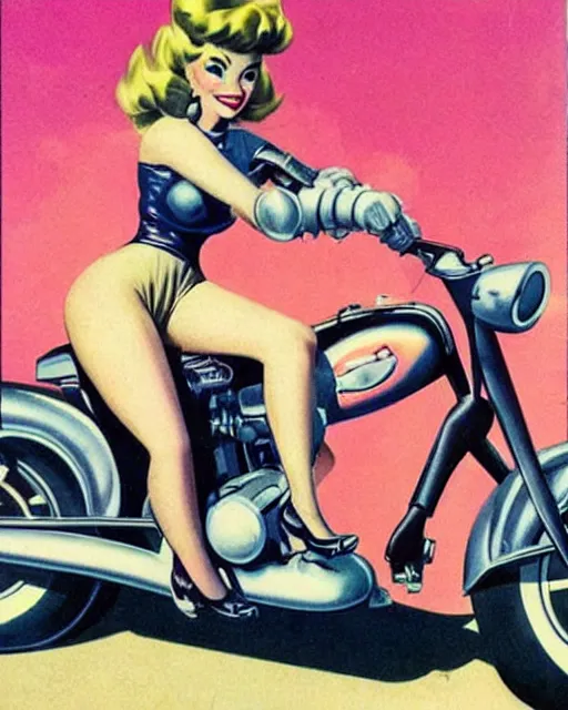 Prompt: cybernetic princess peach riding a motorcycle, 1 9 5 0 s pinup, retro futurism