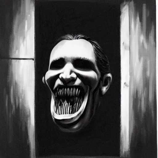 Image similar to Ted Cruz with a wide grin wielding a bloody hatchet peaking through a door in the distance at the end of a narrow corridor, black and white, creepy lighting, scary, horror, ornate, eerie, fear, oil painting