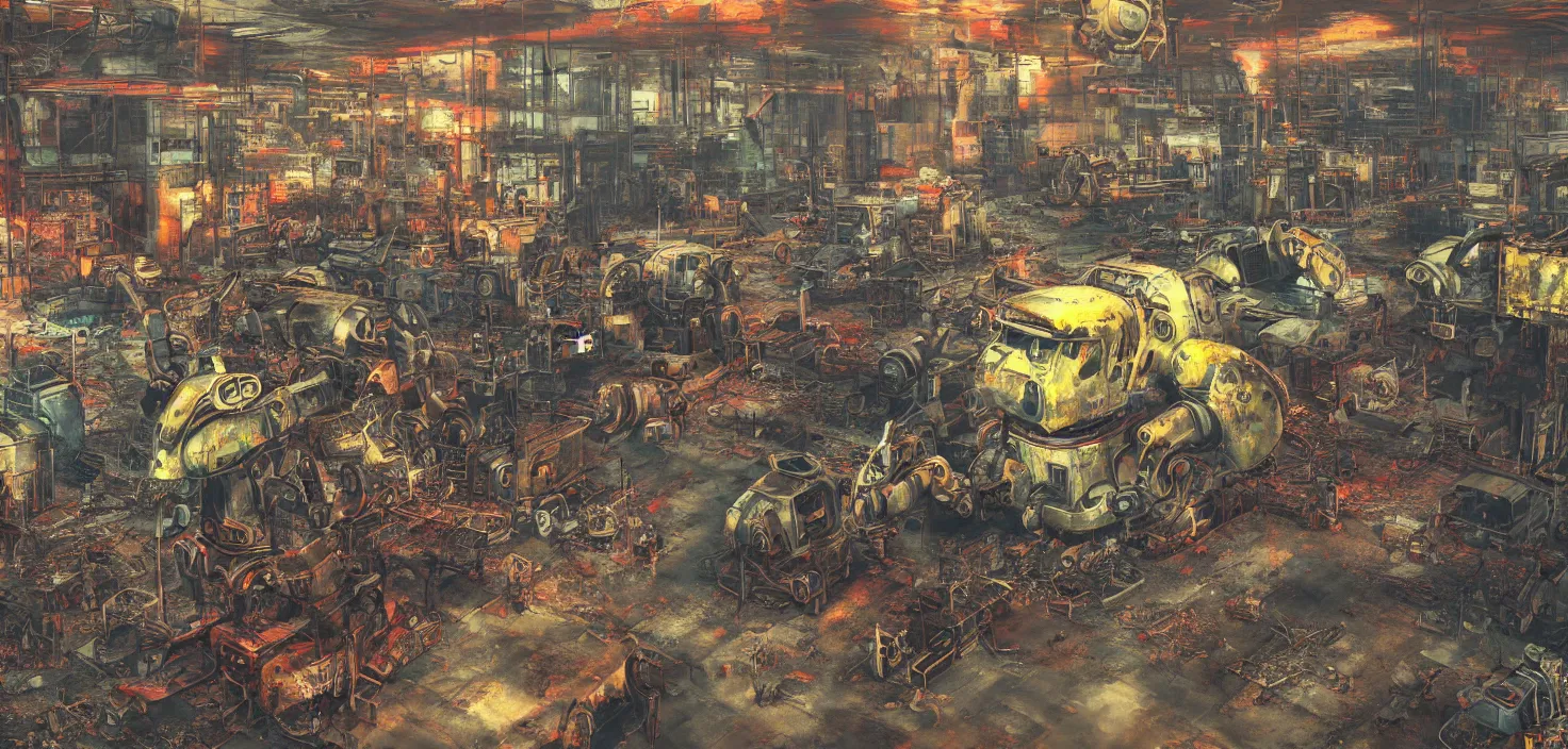 Prompt: industrial robot wasteland, fallout 4, colorful but morbid painting, soft edges