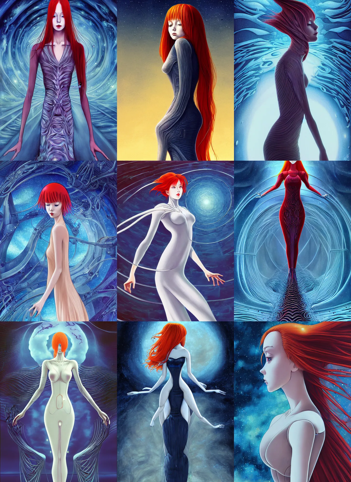 Prompt: a redhead woman in futuristic dress falls into a dream within a dream within a dream within a dream within a dream, h. r. giger, junji ito, alex grey, salvador dali, fractal, surreal art, semi realistic anime, studio ghibli, makoto shinkai, award winning illustration, masterpiece, trending on pixiv, 8 k