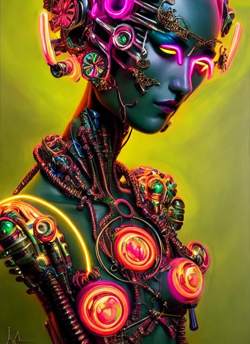 Image similar to neon cyborg, Neo Rococo Expressionist, Maximalism, orientalism, diffuse lighting, fantasy, intricate, elegant, highly detailed, lifelike, photorealistic, digital painting, artstation, illustration, concept art, smooth, sharp focus, art by John Collier and Albert Aublet and Krenz Cushart and Artem Demura and Alphonse Mucha