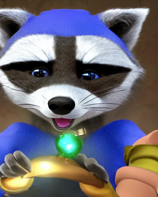 Prompt: closeup portrait of furry sly cooper raccoon holding a magical gem in a crystl cave, disney, pixar,