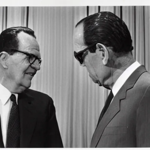 Prompt: presidential debate between waluigi and richard nixon, 1 9 6 0, still, photograph, photo, black and white