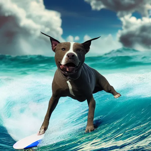 Image similar to photo of gray coat pit bull with white paws surfing a surfboard on a crashing l wave of alien ocean in space, background is an alien galaxy, aliens in the background, alien colors, octane render, unreal engine, wide view, 8 k, high detaild