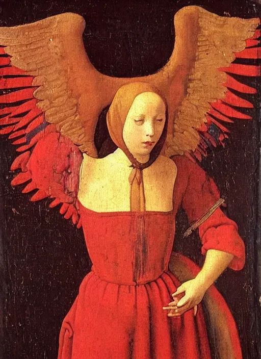 Image similar to Flying Fallen Angel with wings dressed in red, Medieval painting by Jan van Eyck, Johannes Vermeer, Florence