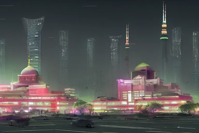 Prompt: exterior view of istiqlal mosque tokyo at night, promotional architectural photo, but in setting of japanese cyberpunk, neon tones, cgsociety, artstation