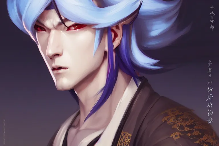 Prompt: onmyoji portrait, ( susabi ), androgynous male, fine details. night setting. realistic shaded lighting poster by craig mullism, artgerm, jeremy lipkin and michael garmash, unreal engine, vibrant colors and hard shadows and strong rim light, light blue sky, cool white color temperature, radiant light, detailed and intricate environment, digital art