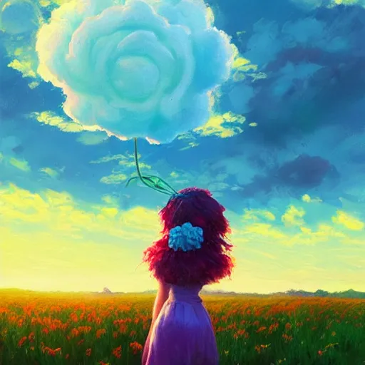 Image similar to girl with a giant carnation head, surreal photography, flower field, sunset dramatic light, impressionist painting, colorful clouds, blue sky, digital painting, artstation, simon stalenhag