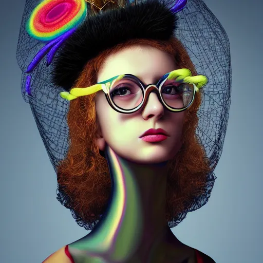 Prompt: a beautiful portrait with a big glasses and hair cover by a hat made by colourful wires ,inspired by baroque art, new classic,hyper realistic,fashion design, concept art, hdri, 4k -