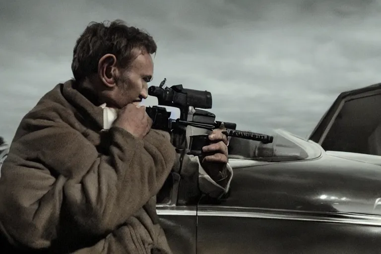 Image similar to movie scene, hofman waiting outside a house in his car, night, silenced pistol, by emmanuel lubezki