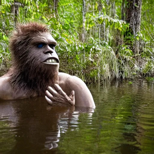 Prompt: sasquatch peeking head out of swamp water