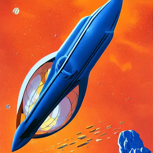 Prompt: Blue V2 rocket in space, tin tin, Orange planet, intricate, SCI-Fi, movie poster, digital art by raphael lacoste