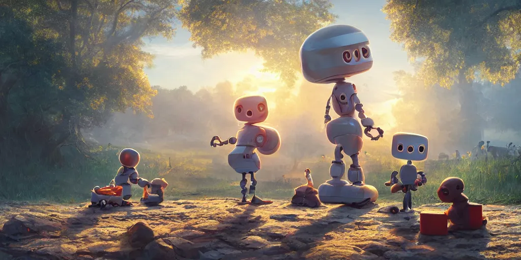 Image similar to cottagecore illustration children playing with a smiling roboton a peaceful morning, pixar and disney animation, sharp, rendered in unreal engine 5, art by greg rutkowski, bloom, dramatic lighting, sunrise