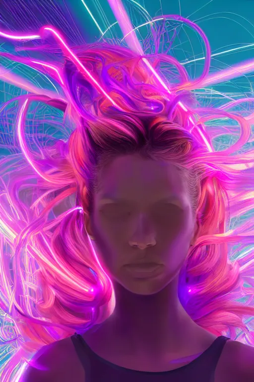 Image similar to a award winning half body portrait of a beautiful woman in a croptop and cargo pants with ombre purple pink teal hairstyle with head in motion and hair flying, surrounded by whirling illuminated lines, outrun, vaporware, shaded flat illustration, digital art, trending on artstation, highly detailed, fine detail, intricate