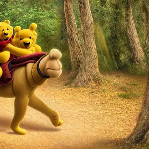 Prompt: winnie the pooh riding a camel in a forest, realistic photograph