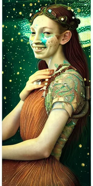 Image similar to serene young woman cheeky smile, surrounded by golden firefly lights, amidst nature fully covered by a intricate detailed dress, long red hair, precise linework, accurate green eyes, small nose with freckles, smooth oval shape face, empathic, expressive emotions, nocturnal spiritual scene, hyper realistic ultrafine art by artemisia gentileschi, jessica rossier, boris vallejo