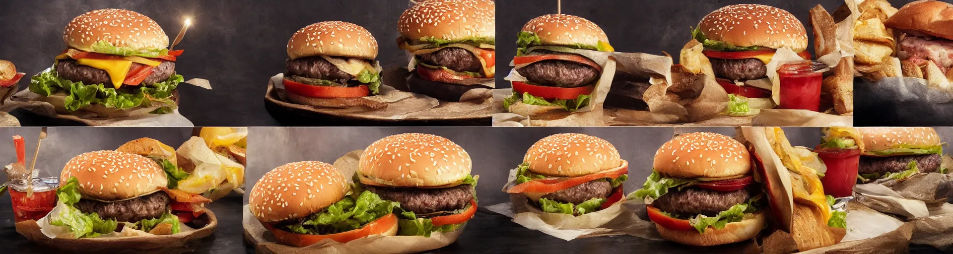 Image similar to a triptych of the hamburgers that represent all of history, award - winning food photograph