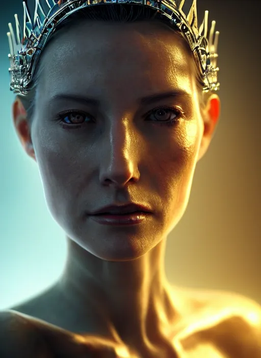 Image similar to 1 / 2 length portrait, queen, crown, translucent skin, muscle, bones, veins, nerves, hyperrealism, detailed, photorealistic, cyberpunk apocalyptic city, futuristic, ultra realistic, cinematic, intricate, cinematic light, unreal engine 8 k, octane render, unreal engine by charlie bowater, david kostic, stanley lau, artgerm