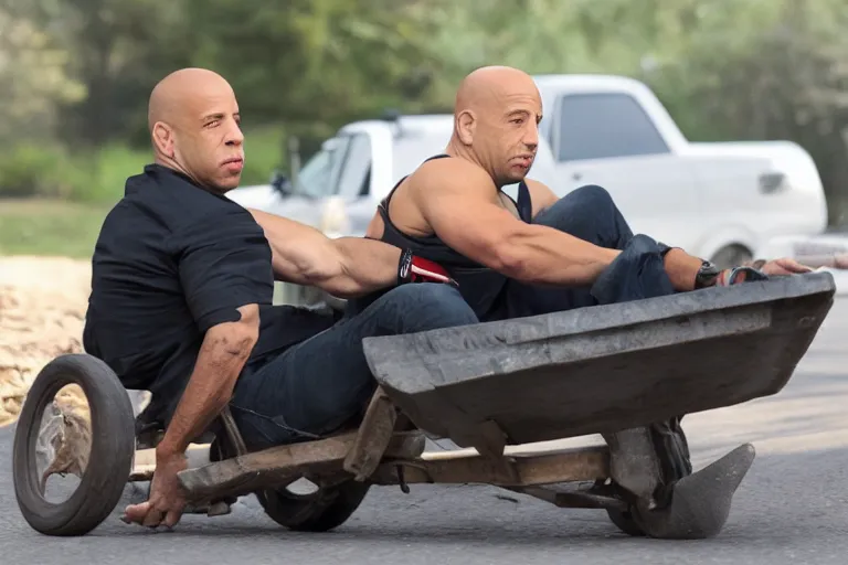 Prompt: Vin Diesel driving a wheelbarrow