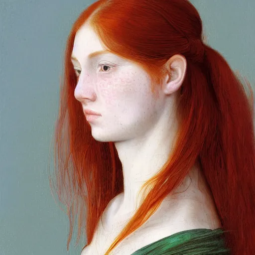 Image similar to portrait of a red haired girl, long hair, green eyes, hint of freckles, beautiful round face, soft amazed smiles, among golden fireflies, highly detailed, deep focus, elegant, digital painting, smooth, sharp focus, golden ratio, illustration, ultra realistic, 8 k, art by artemisia lomi gentileschi and elisabeth vigee le brun