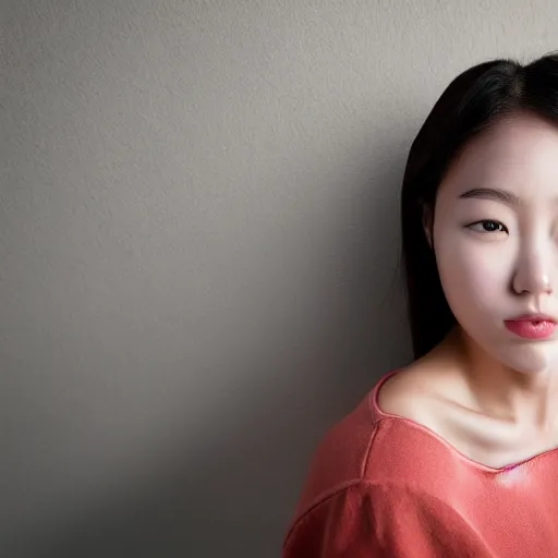 Prompt: portrait photo head and shoulders Korean girl full lighting flash photo, Brightly lit, eyebrows exposed no hair on face mouth closed looking directly into camera