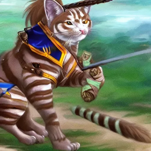 Prompt: a warrior cat carrying his battle flag while riding a larger cat steed that is galloping into battle