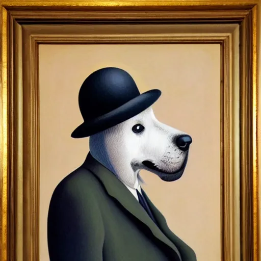 Image similar to a rene magritte painting of a dog wearing a hat, award winning painting, detailed, surreal, symmetrical, clean, smooth, aesthetic