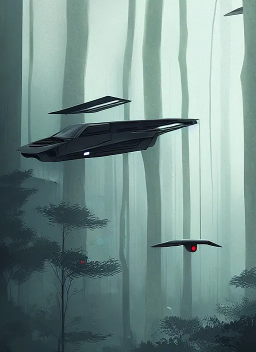 Image similar to blade runner flying car, in flight, grey forest background, by ismail inceoglu