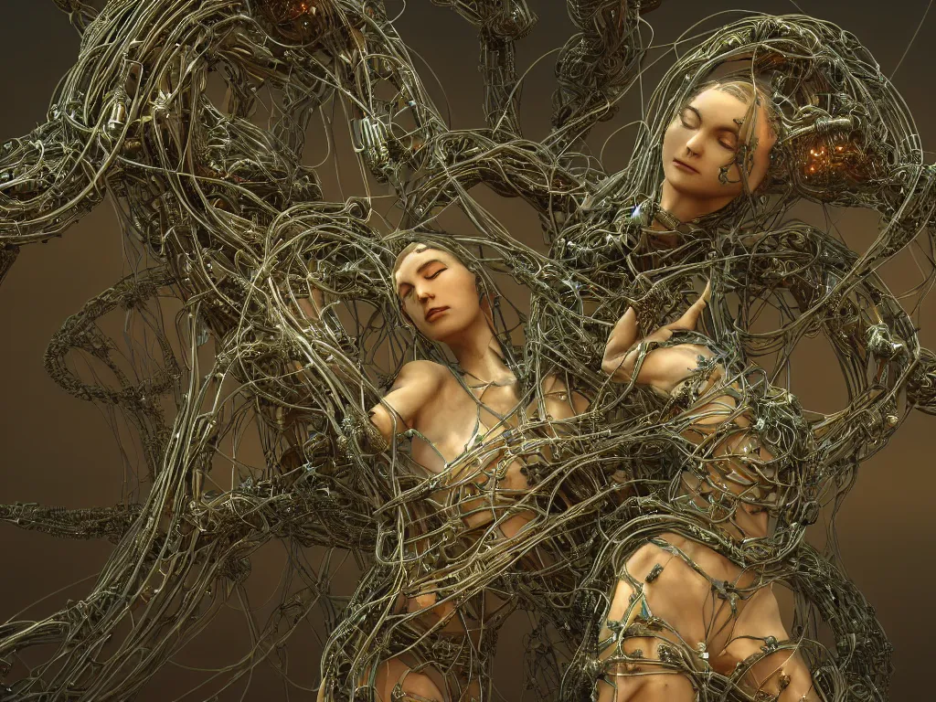 Image similar to a centered render of a goddess entangled in an alien bio - organic landscape adorned with cables and synthesizer parts is surrounded by sacred geometry, bio - mech structure, powerful, cinematic, beautifully lit, by artgerm, by h. r. giger, 3 d, trending on artstation, octane render, 8 k