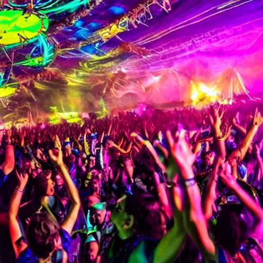 Prompt: Psytrance festival scene with people dancing