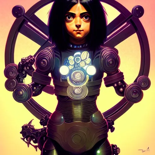 Image similar to Character Portrait of Battle Angel Alita surrounded by geometric nodes, face, fantasy, intricate, elegant, highly detailed, digital painting, artstation, concept art, smooth, sharp focus, illustration, art by Oscar Chichoni and Fernanda Suarez and Artem Demura and alphonse mucha