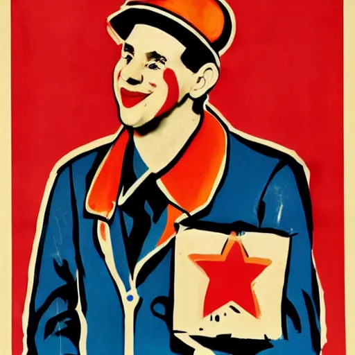 Prompt: young man as communist clown, soviet propaganda style poster