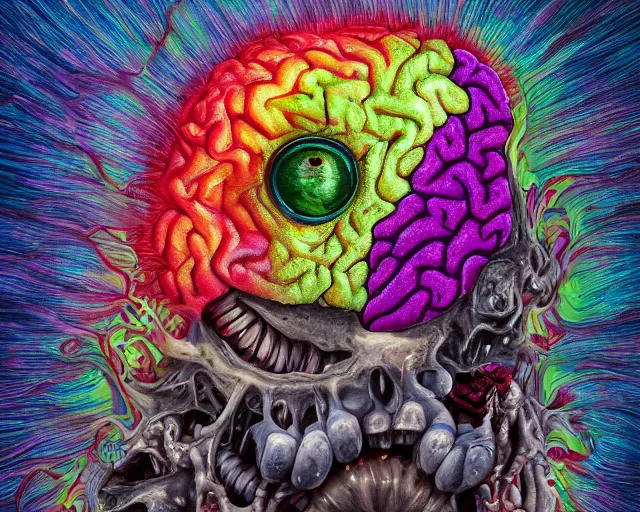 Prompt: Haunting surreal hyperrealistic detailed landscape painting of a group of brains with human eyes and teeth with a big grinning smile, looking happy, vibrant feel, bursts of color, color ink explosion, beautiful spectrum of vibrancy, flowers falling from the sky heavy metal, disgusting, creepy, unsettling, in the style of Stephen Gibb, hyper detailed, trending on Artstation